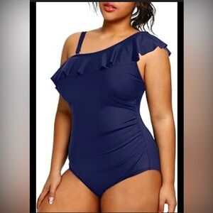One Piece Swim Suit Woman’s XXL One Shoulder Navy RUFFLE Ruche Vacation Beach